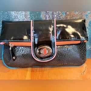 Jackie Smith RARE Black Patent Leather Clutch w/ Pink & Teal Accents